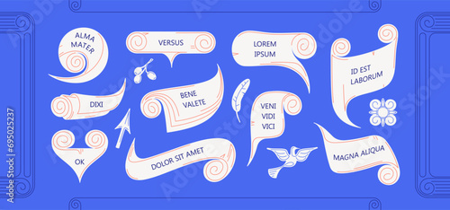 Set of stylized as ancient papyrus frames and speech bubbles for different tasks. Templates and design elements stylized as Antique scrolls, papyri. Ready vector art
