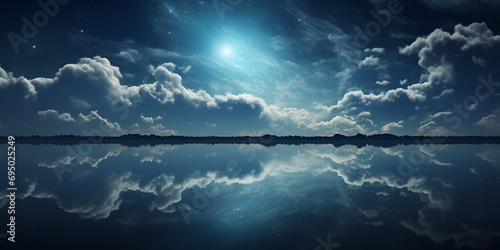 night sky and clouds, Starry night sky with clouds and stars reflected in water, Moon and clouds over the lake at night, Blue night sky product background, generative AI