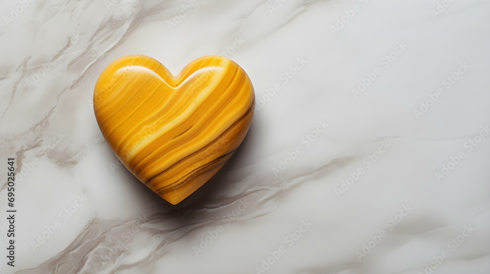 Top View of a yellow Heart on a white Marble Background. Romantic Backdrop with Copy Space Top View of a yellow Heart on a white Marble Background. Romantic Backdrop with Copy Space