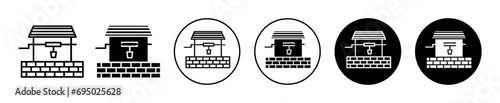 Well icon. traditional village deep water reservoir well with rope pully and bucket for agricultural crop harvest logo set. rural farm well with brick stone and wooden structure to pump out well water