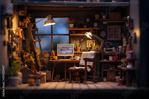 A desktop with a computer in a small room at home. Freelance at home concept small toy scene with macro photo miniature of tiny room.