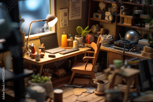 A desktop with a computer in a small room at home. Freelance at home concept small toy scene with macro photo miniature of tiny room. © leographics