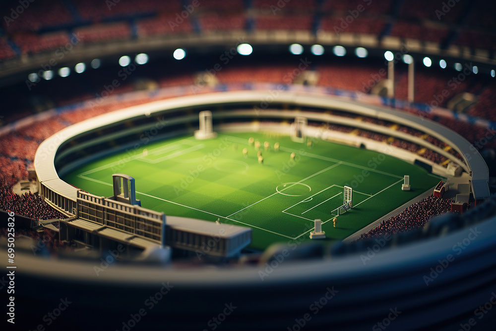 Toy football stadium, macro view from above. Soccer concept background with macro photo miniature of tiny world. - obrazy, fototapety, plakaty 