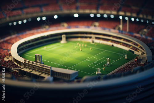 Toy football stadium, macro view from above. Soccer concept background with macro photo miniature of tiny world. © leographics