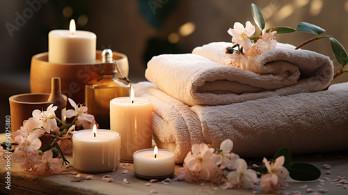 Beautiful spa composition of towels and spa access