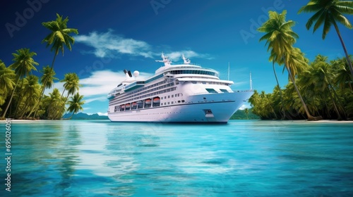 A cruise ship on a calm sea surface on a sunny day near a tropical island with palm trees. Natural background. Modern screen design.  Illustration for cover, card, postcard, interior design, brochure.