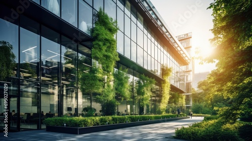 Sustainable eco friendly office building with glass in modern city