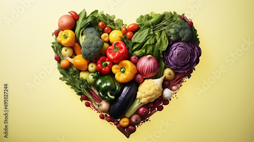 Vegetables in the shape of a heart on yelloow background. Healthy and eco food for diet. Vegetables love