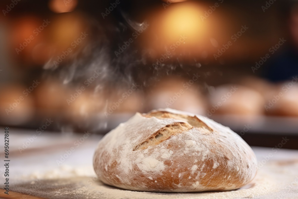 Fresh round bread on the table close-up. Freshly baked healthy bread with a crispy crust on a bakery table. Production of bakery products Fresh round bread on the table close-up. Freshly baked healthy bread with a crispy crust on a bakery table. Production of bakery products