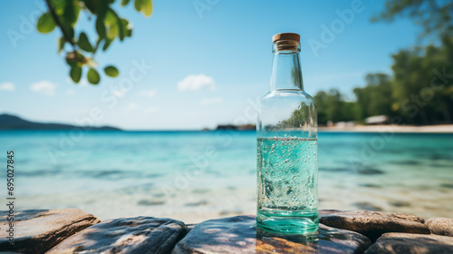 bottle on sand beach over blurred tropical blue