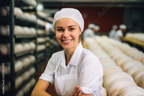 A young female technologist baker smiles against the background of shelves with bread. Professional bakery worker, large bakery, bakery products production