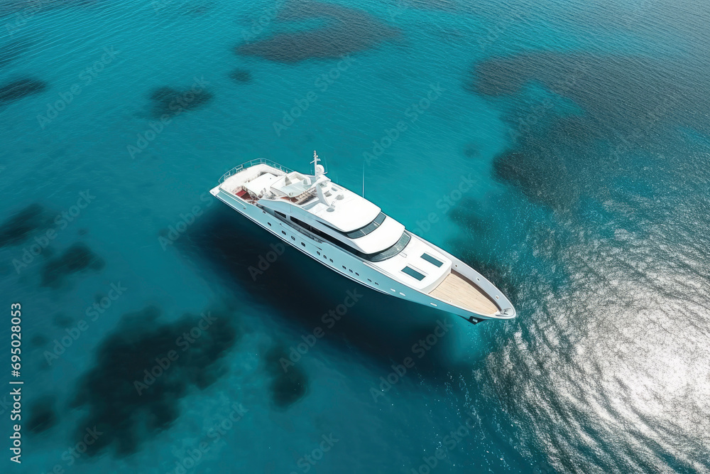 Aerial view of a large white yacht against a background of turquoise water. Luxurious beautiful yacht at sea on a summer day. Yachting, travel, seascape. Drone view of the yacht Aerial view of a large white yacht against a background of turquoise water. Luxurious beautiful yacht at sea on a summer day. Yachting, travel, seascape. Drone view of the yacht