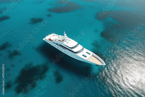 Aerial view of a large white yacht against a background of turquoise water. Luxurious beautiful yacht at sea on a summer day. Yachting, travel, seascape. Drone view of the yacht