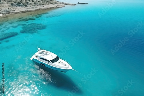 Aerial view of a large white yacht against a background of turquoise water. Luxurious beautiful yacht at sea on a summer day. Yachting, travel, seascape. Drone view of the yacht