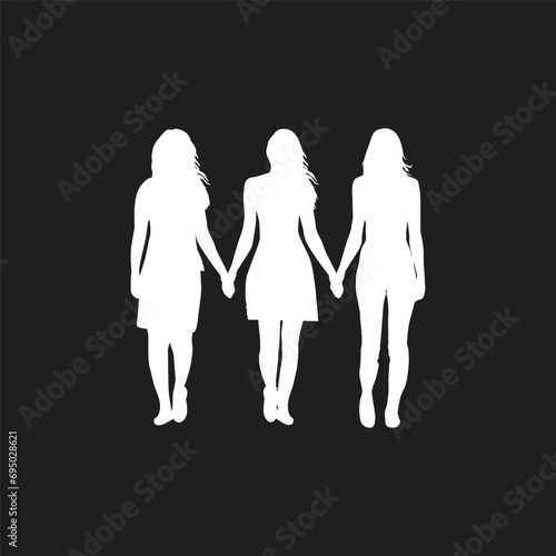 Happy women's day card with three women of different ethnicities and cultures stand side by side together. Strong and brave girls support each other. Sisterhood and females friendship. 