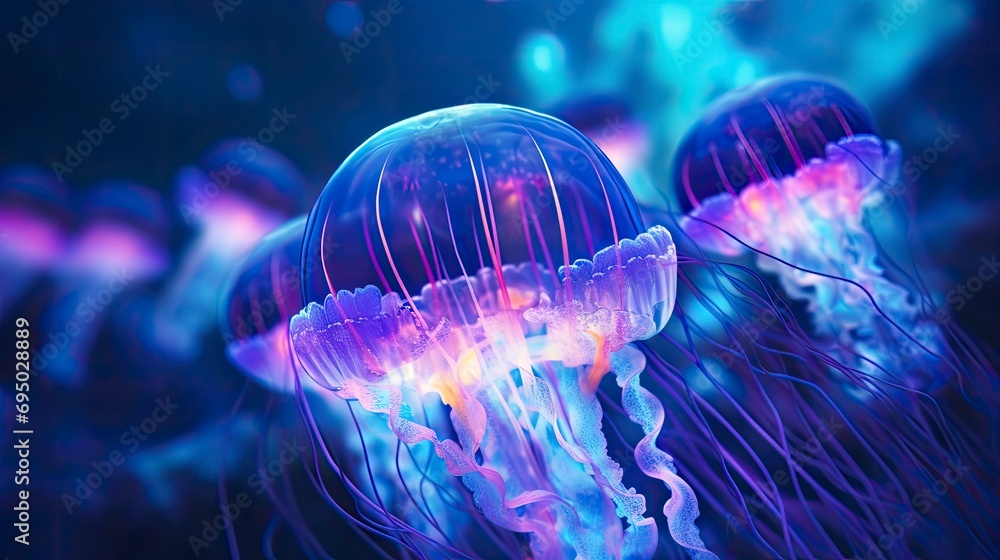 Beautiful color of jellyfish in underwater in the dark blue ocean water