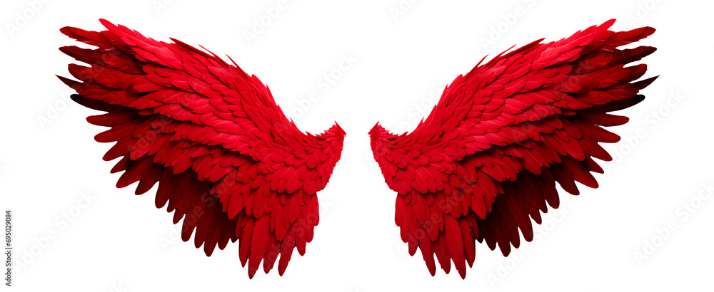 Red fantasy feather wings - pair of red angelical wings - isolated transparent PNG background - red wing - obrazy, fototapety, plakaty 