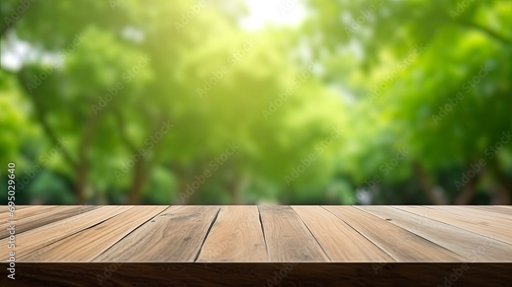 Beautiful blurred boreal forest background view with empty rustic wooden table
