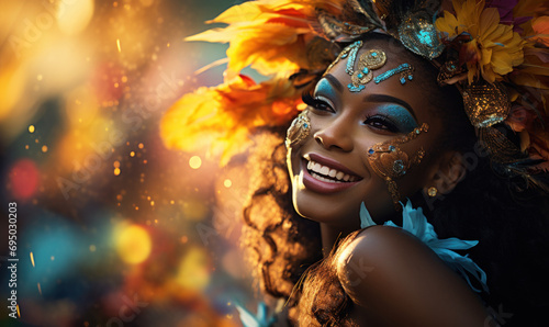 beautiful Brazilian dancer at the carnival in a suit and makeup photo