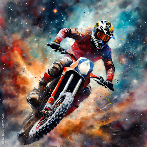 An impressive oil painting depicting a fantastic motocrosser in the form of a nebula explosion