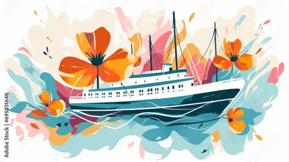 Floral ship illustration in naive styles. Colorful transport in flowers and plants. - obrazy, fototapety, plakaty 