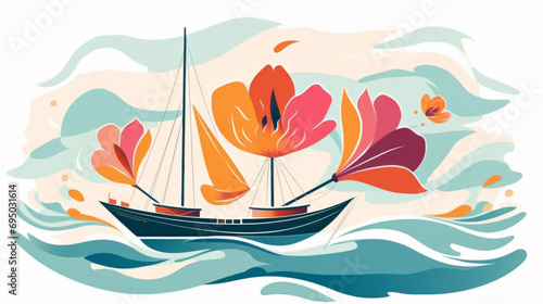 Floral ship illustration in naive styles. Colorful transport in flowers and plants.