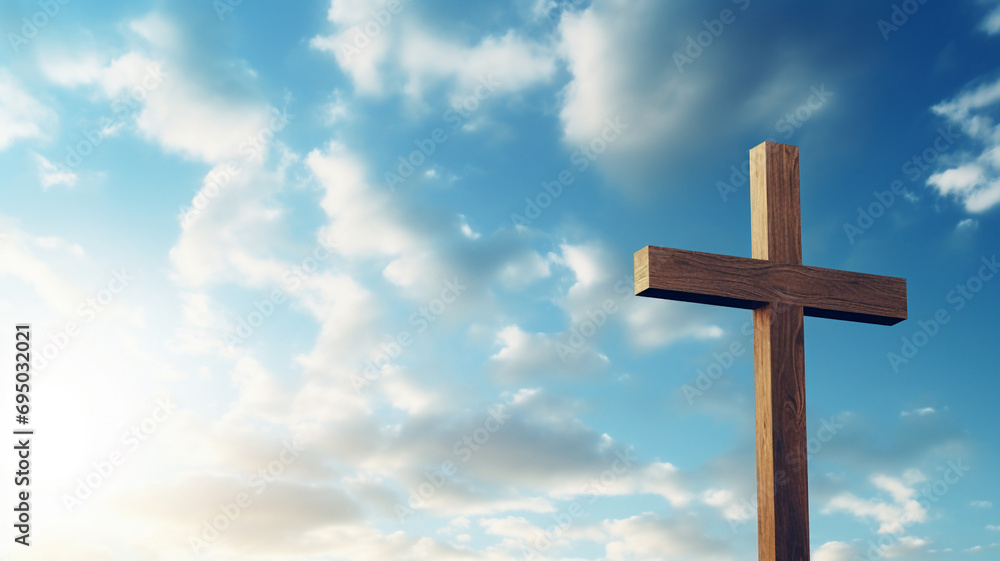 A wooden cross stands against a vivid sky, clouds parting around it, symbolizing hope and faith, with ample space for text on the serene backdrop.
