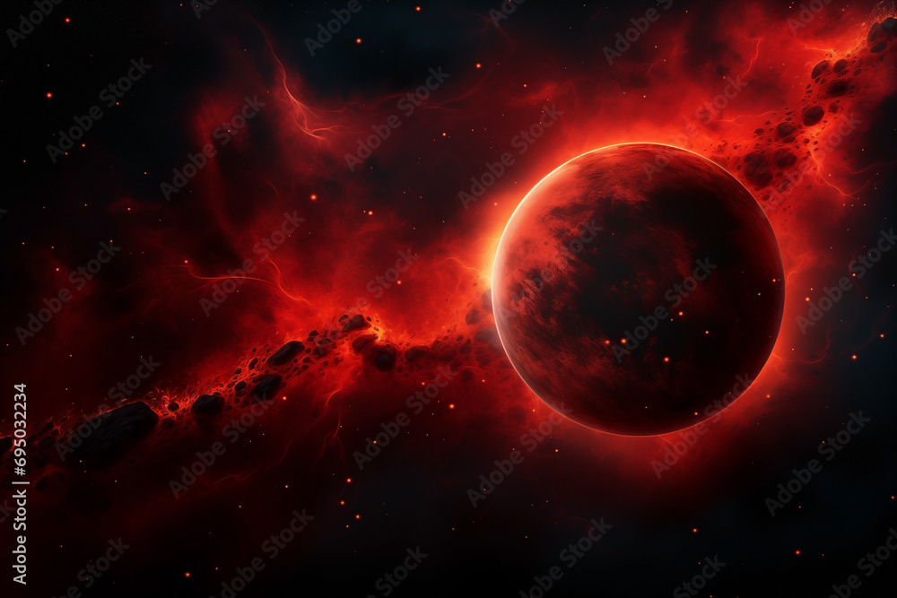 planet red abstract in dark space with glow dots of stars, discharges planet red abstract in dark space with glow dots of stars, discharges