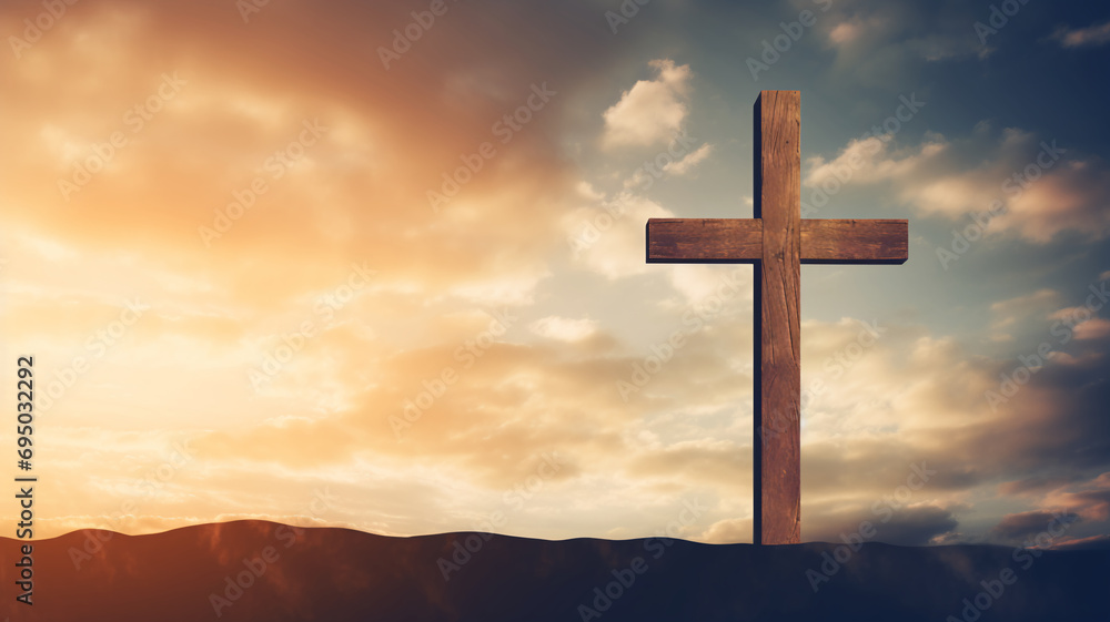Silhouetted wooden cross on a hill with a dramatic sunset sky, symbolizing reflection and faith, with space for text in the vibrant backdrop.