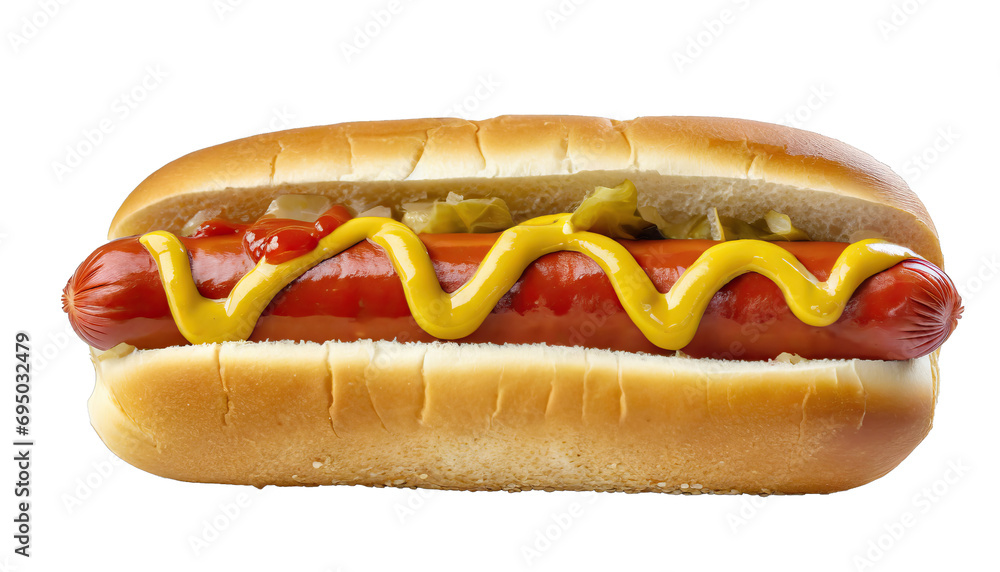 Classic hot dog with ketchup and mustard - isolataed on transparent background. cut out Classic hot dog with ketchup and mustard - isolataed on transparent background. cut out