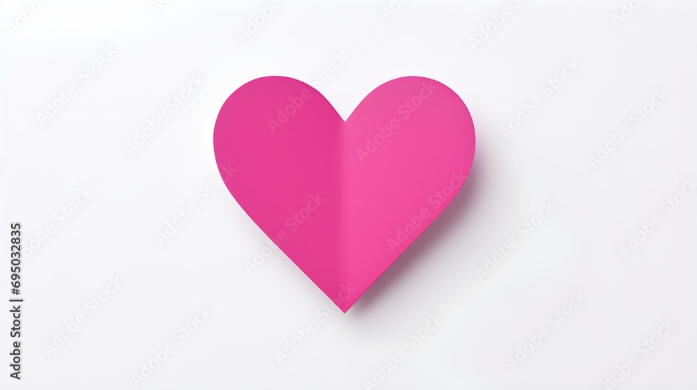 Hot Pink Paper Heart on a white Background. Romantic Template with Copy Space