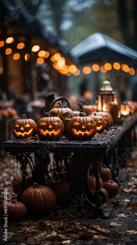 Rows of carved Halloween pumpkins are lined up under string lights. celebration atmosphere 