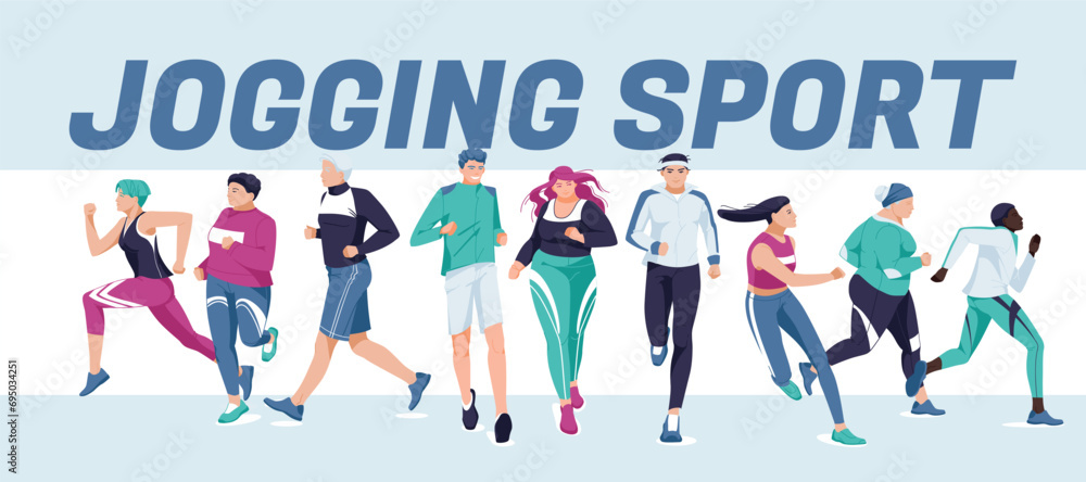 Groups of different people are running. Jogging, healthy lifestyle. Banner design. Vector flat illustration