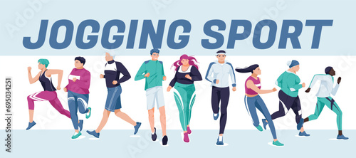Groups of different people are running. Jogging, healthy lifestyle. Banner design. Vector flat illustration