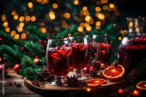 An enchanting Christmas image, mulled wine in focus against a backdrop of twinkling lights and evergreen wreaths 