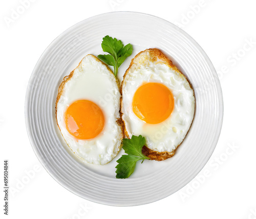 fried egg on white plate isolated on transparent background, top view 