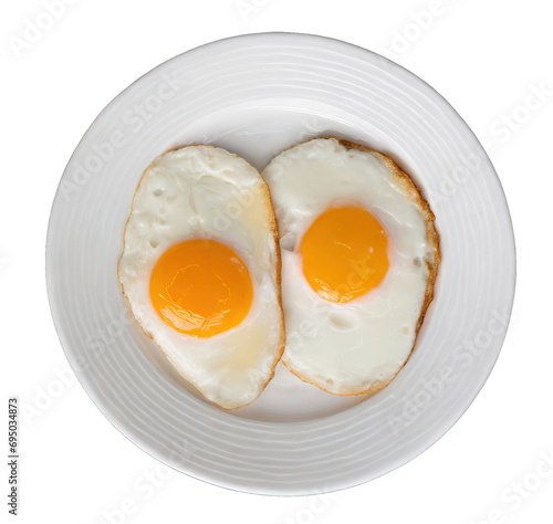 fried egg on white plate isolated on transparent background, top view 