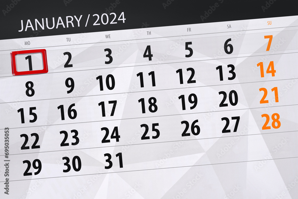 Fototapeta premium Calendar 2024, deadline, day, month, page, organizer, date, January, monday, number 1