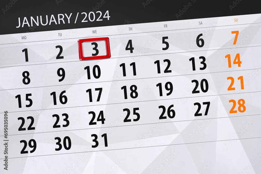 Obraz premium Calendar 2024, deadline, day, month, page, organizer, date, January, wednesday, number 3