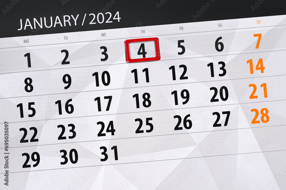Obraz premium Calendar 2024, deadline, day, month, page, organizer, date, January, thursday, number 4