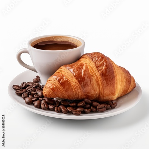 Cup of coffee with croissant isolated on white background
