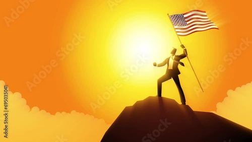 Visionary businessman standing triumphantly atop a mountain peak, proudly holding the flag of the USA. Symbolizes success, leadership, and the entrepreneurial spirit photo