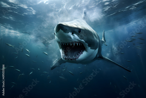 Shark swimming in water, shark, great white shark, underwater fish, shark teeth © MrJeans