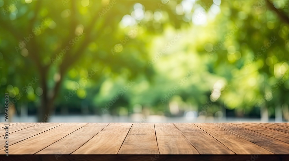 Beautiful blurred boreal forest background view with empty rustic wooden table Beautiful blurred boreal forest background view with empty rustic wooden table