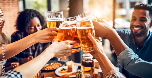 Young people drinking beer pints at brewery bar. beverage Lifestyle concept with multi-ethnic friends  sharing happy hour together in a pub photo