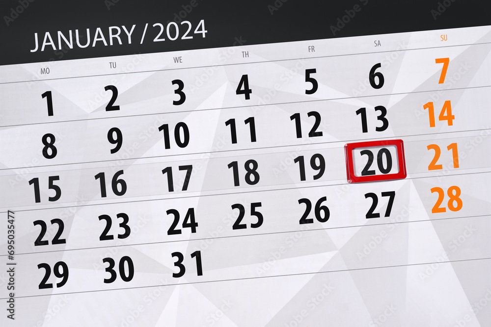 Fototapeta premium Calendar 2024, deadline, day, month, page, organizer, date, January, saturday, number 20