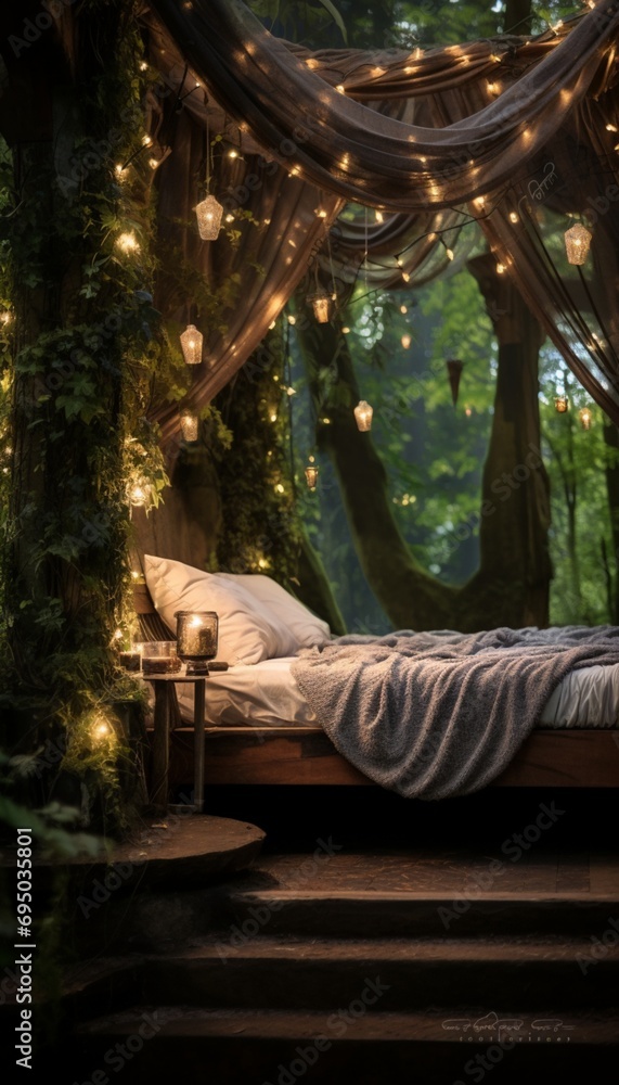 The magical outdoor terrace of Enchanted Forest Sleeping Quarters, with moss-covered stones, fairy lights, and a canopy of trees, providing a mystical and enchanting retreat for relaxation.