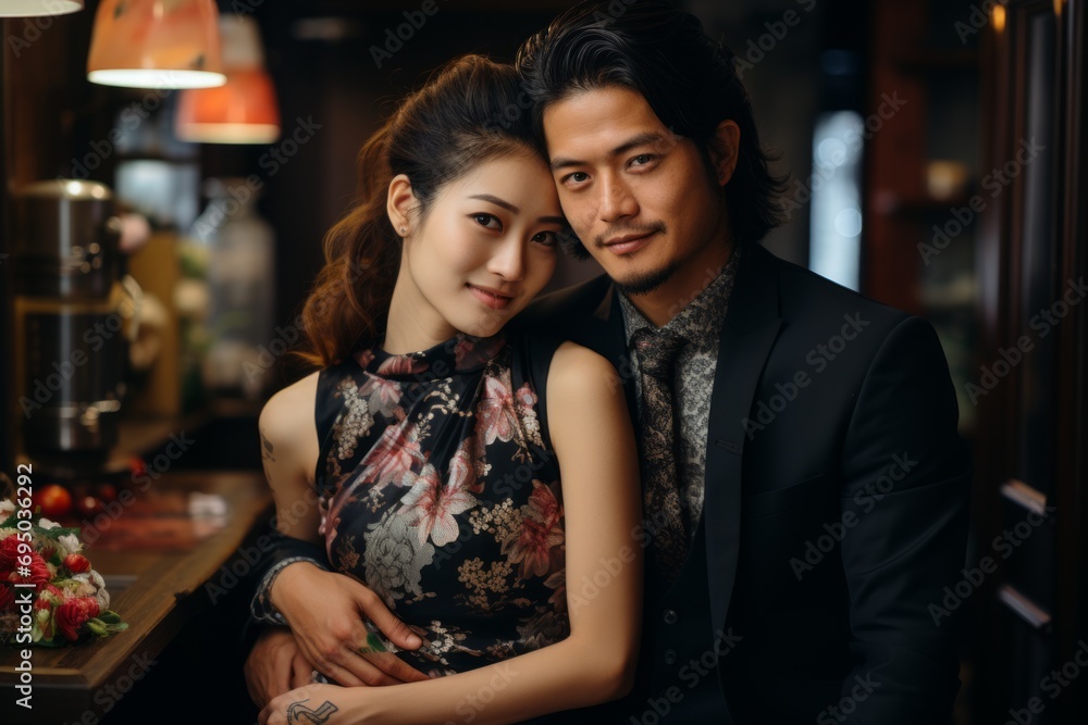 Japanese couple in traditional clothes hugging in front of a dark bar. Concept: a story about love, cultural traditions and elegant events
