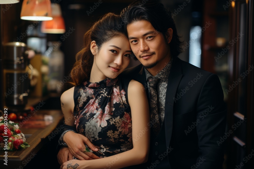 Japanese couple in traditional clothes hugging in front of a dark bar. Concept: a story about love, cultural traditions and elegant events
Japanese couple in traditional clothes hugging in front of a dark bar. Concept: a story about love, cultural traditions and elegant events