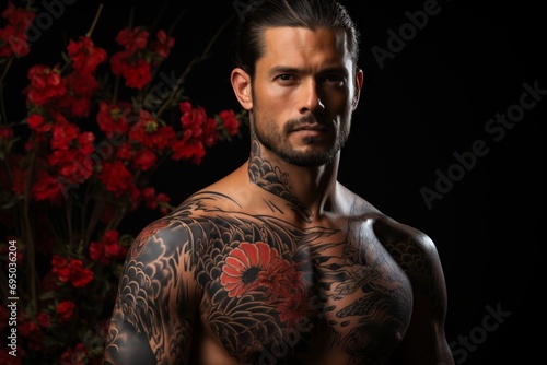 A man with yakuza style tattoos. dangerous people, concept: mafia and criminal gangs in Japan. 